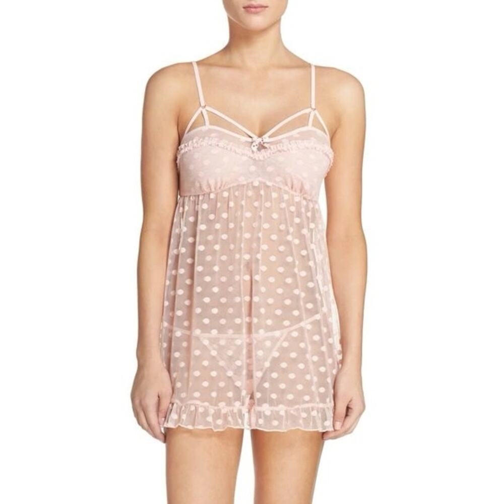 Betsy Johnson Lace Dot-Mesh Babydoll Chemise Slip